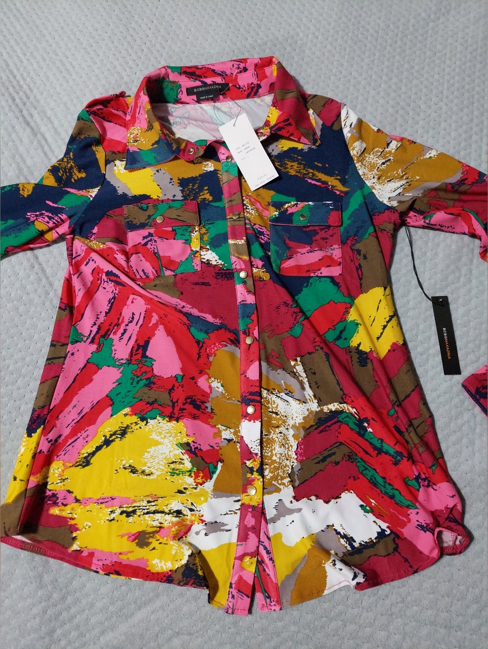 BCBGMaxAzria Pink Multicolor Abstract Button-Up Top - Picture 3 of 5